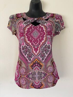 INC International Concepts Pink Paisley Cutout Neck Short Sleeve Top